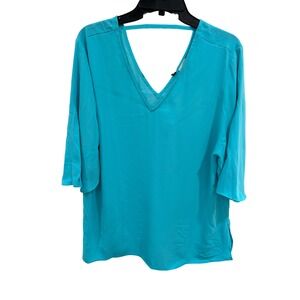 Chicos Turquoise Blue V Neck 3/4 Sleeve Open Back‎ Top Shirt Womens Size 2